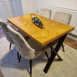 Double herringbone design reclaimed wood dining table
