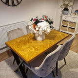 Double herringbone design reclaimed wood dining table