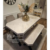 Herringbone design reclaimed wood dining table cut corners