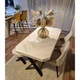 Herringbone design reclaimed wood dining table cut corners