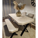 Herringbone design reclaimed wood dining table cut corners