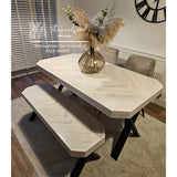 Herringbone design reclaimed wood dining table cut corners