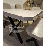 Herringbone design reclaimed wood dining table cut corners
