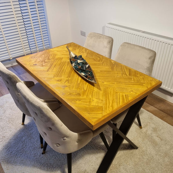 Double herringbone design reclaimed wood dining table