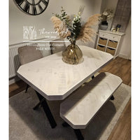 Herringbone design reclaimed wood dining table cut corners